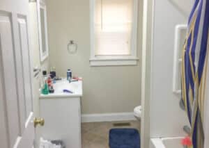 Bathroom interior with shower, sink and toilet. A blue rug in front of toilet.